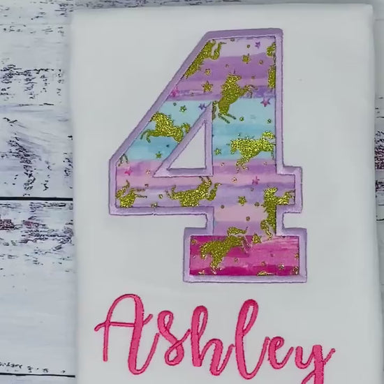 4th Birthday Unicorn Shirt, Girl colorful Uni Birthday Number, Gold unicorn tee, Number unicorn embroidery, Any age