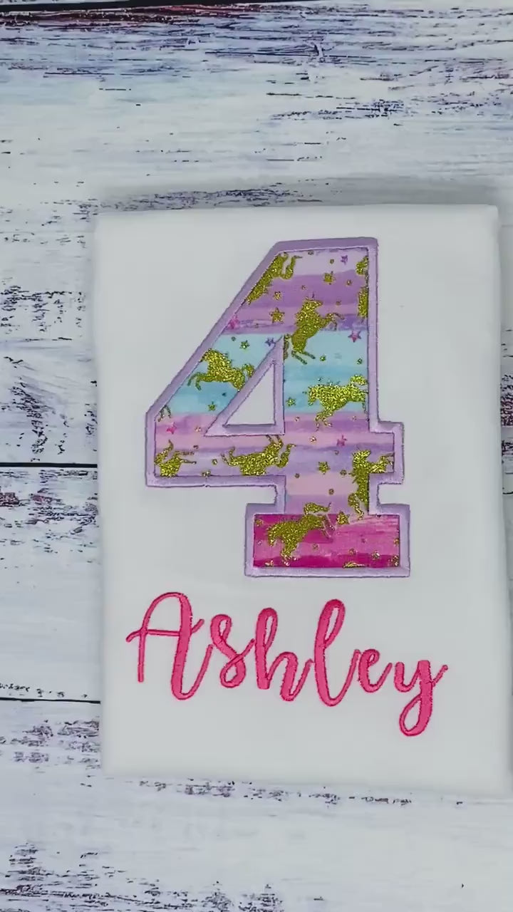 4th Birthday Unicorn Shirt, Girl colorful Uni Birthday Number, Gold unicorn tee, Number unicorn embroidery, Any age