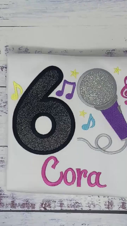 Girl 6th  Birthday Microphone, Music notes and number Shirt, Girl Karaoke Singing Birthday Tee, Musical embroidery, Any age