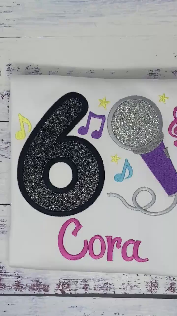 Girl 6th  Birthday Microphone, Music notes and number Shirt, Girl Karaoke Singing Birthday Tee, Musical embroidery, Any age