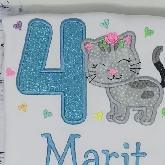 Girl 4th Birthday Shirt with Kitten, Personalized Shirt with Cute Grey Cat, Tee with cat