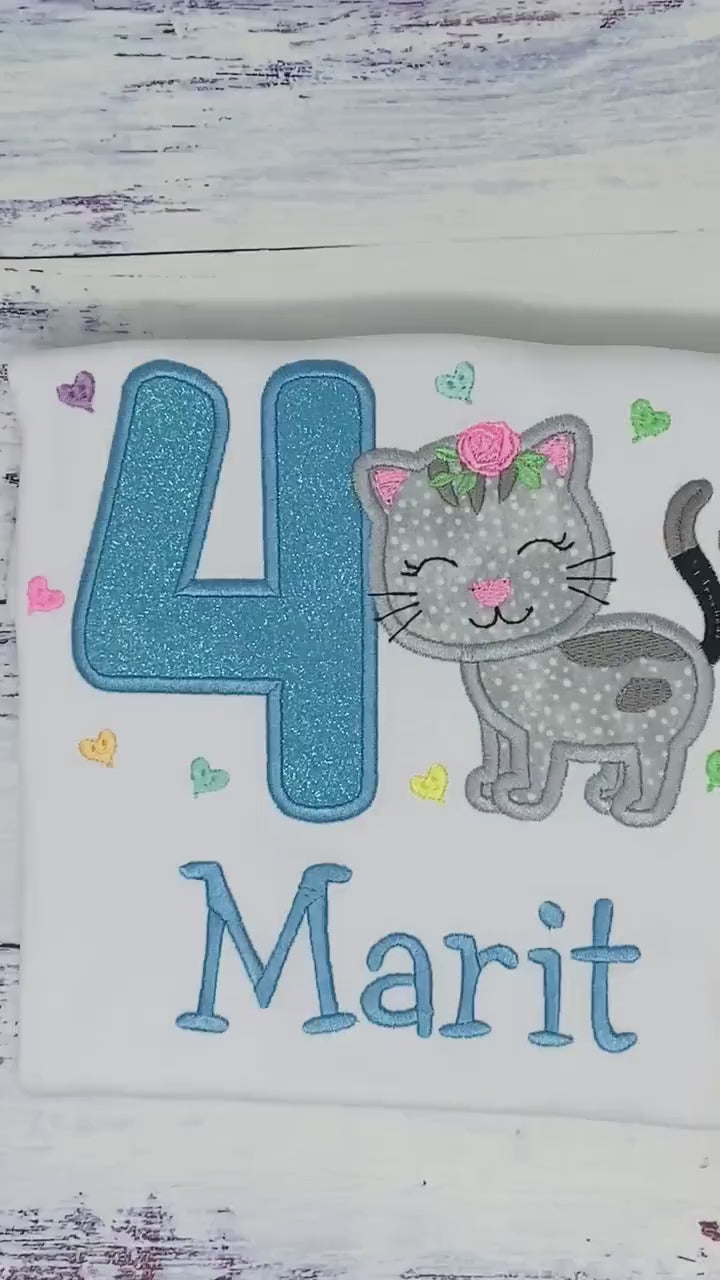 Girl 4th Birthday Shirt with Kitten, Personalized Shirt with Cute Grey Cat, Tee with cat