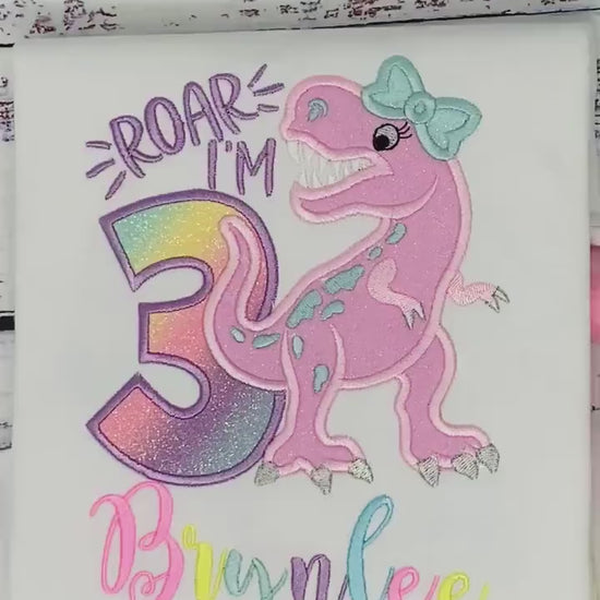Girl 3rd birthday T Rex embroidery shirt, Dinosaur themed shirt, Pink dinosaur embroidery, Any age