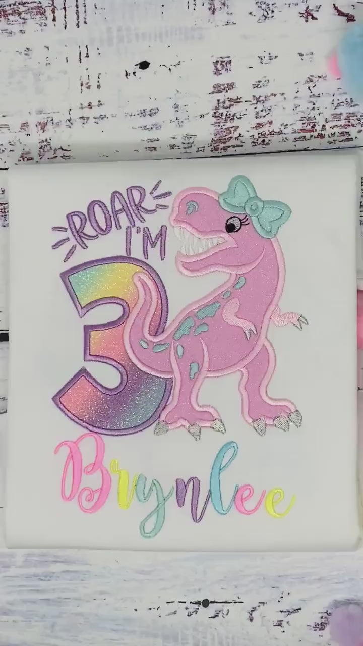 Girl 3rd birthday T Rex embroidery shirt, Dinosaur themed shirt, Pink dinosaur embroidery, Any age
