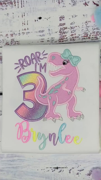 Girl 3rd birthday T Rex embroidery shirt, Dinosaur themed shirt, Pink dinosaur embroidery, Any age