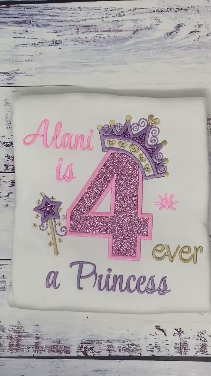 Girl 4th birthday shirt with princess tiara Heart number, Royal Crown, Pink Number Princesse Tiara Shirt, Any Age, 4-ever a princesse, Gold