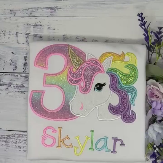 3rd Birthday Unicorn Shirt, Girl Rainbow Mane Unicorn Birthday Outfit, Rainbow Unicorn outfit, Unicorn embroidery, Script Font