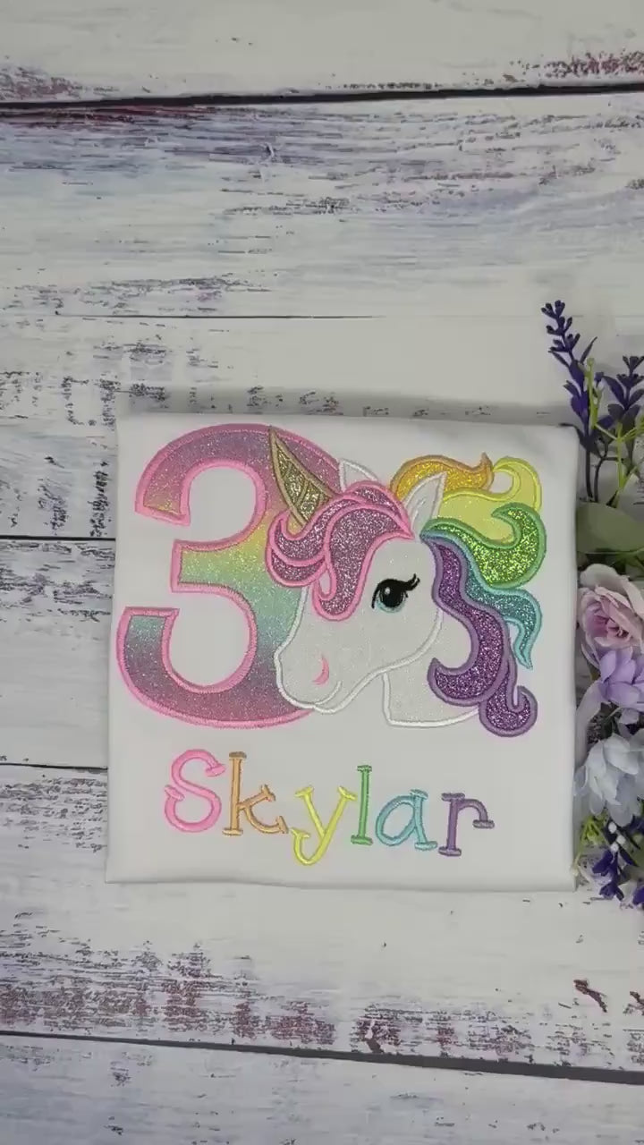 3rd Birthday Unicorn Shirt, Girl Rainbow Mane Unicorn Birthday Outfit, Rainbow Unicorn outfit, Unicorn embroidery, Script Font