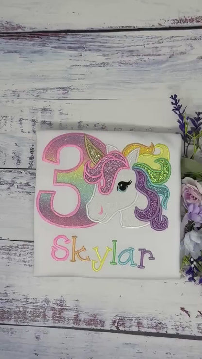 3rd Birthday Unicorn Shirt, Girl Rainbow Mane Unicorn Birthday Outfit, Rainbow Unicorn outfit, Unicorn embroidery, Script Font