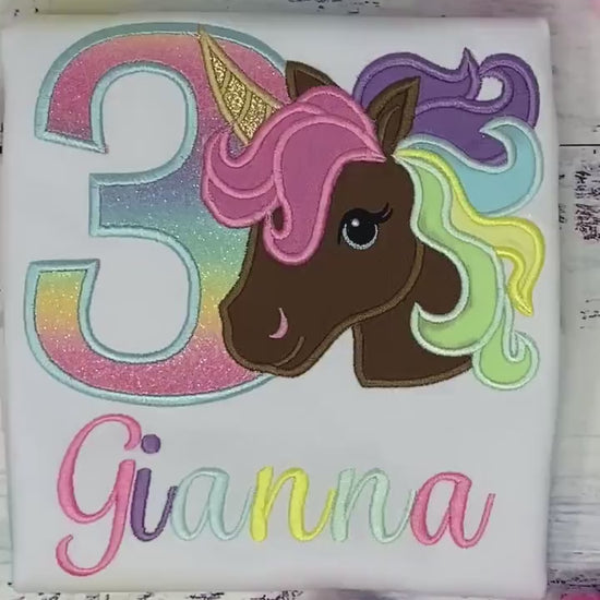 3rd  Birthday Pastel Unicorn Shirt, Girl Rainbow Pastel Unicorn Birthday, Gold Horn Unicorn , Rainbow Unicorn, Brown uni  embroidery