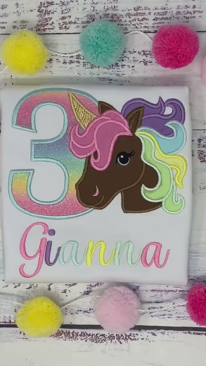 3rd  Birthday Pastel Unicorn Shirt, Girl Rainbow Pastel Unicorn Birthday, Gold Horn Unicorn , Rainbow Unicorn, Brown uni  embroidery