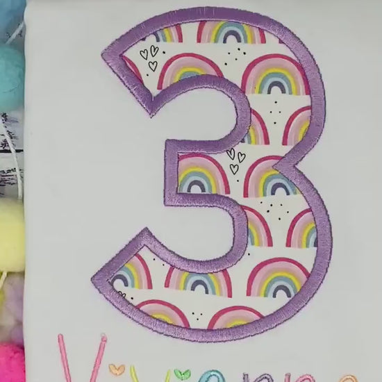 Girl 3rd Birthday Shirt Filled with Rainbows, number, Pastel Rainbow birthday Tee, Hearts and Rainbows, Number Applique, Custom Embroidery,