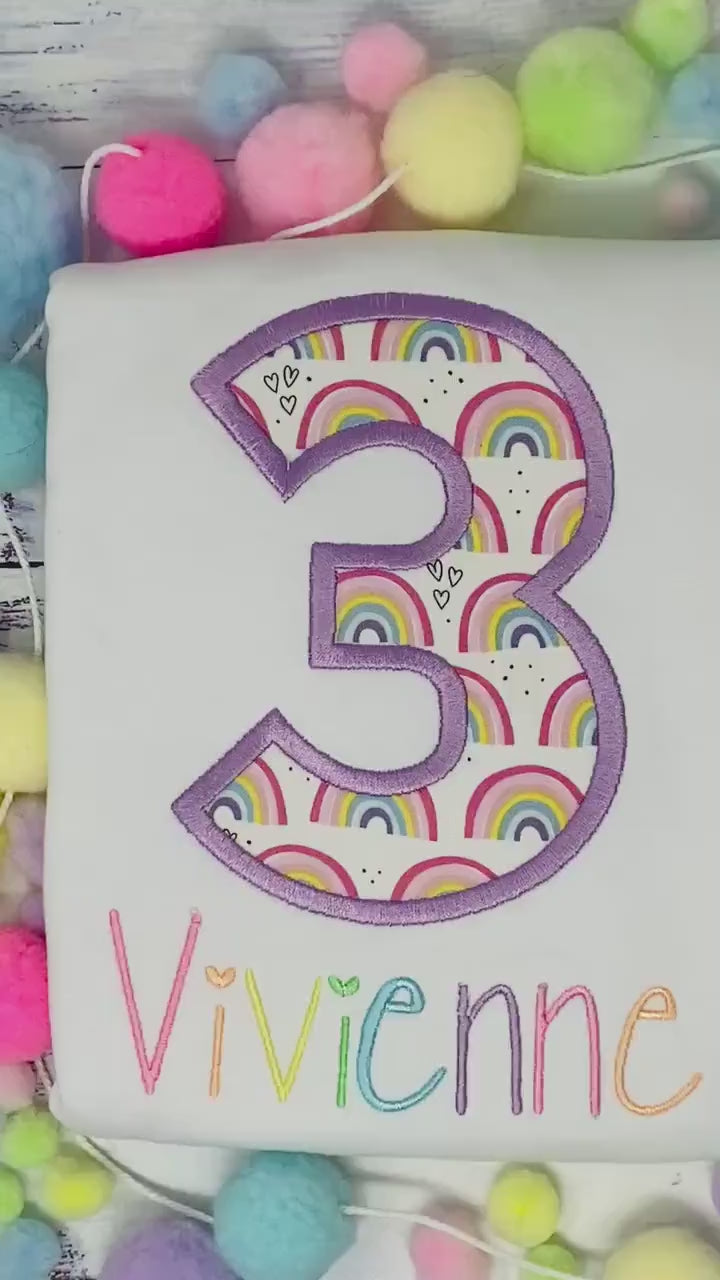 Girl 3rd Birthday Shirt Filled with Rainbows, number, Pastel Rainbow birthday Tee, Hearts and Rainbows, Number Applique, Custom Embroidery,