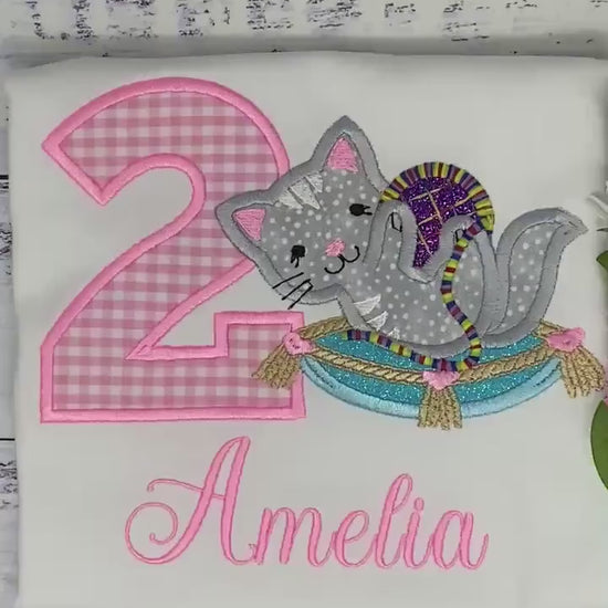 Girl 2nd birthday Personalized Embroidery Shirt, Custom Name, Age, Cat, Magic Carpet Design, Baby Girl Birthday Outfit, T shirt with Kitten