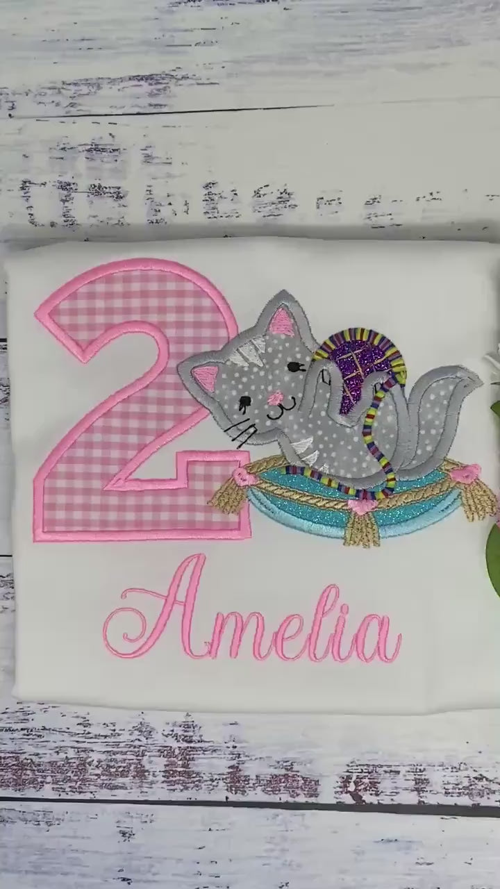 Girl 2nd birthday Personalized Embroidery Shirt, Custom Name, Age, Cat, Magic Carpet Design, Baby Girl Birthday Outfit, T shirt with Kitten