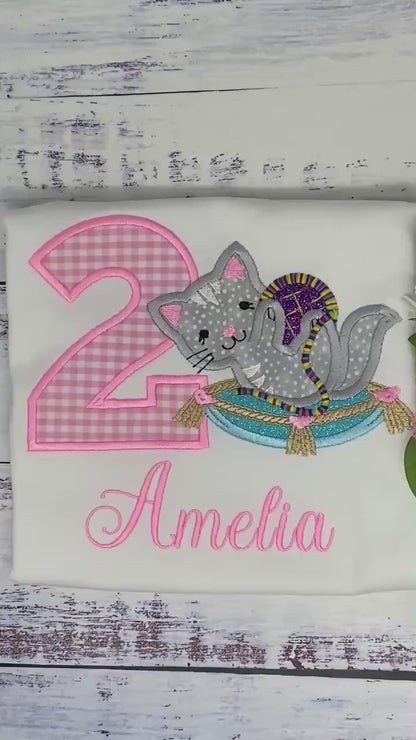 Girl 2nd birthday Personalized Embroidery Shirt, Custom Name, Age, Cat, Magic Carpet Design, Baby Girl Birthday Outfit, T shirt with Kitten