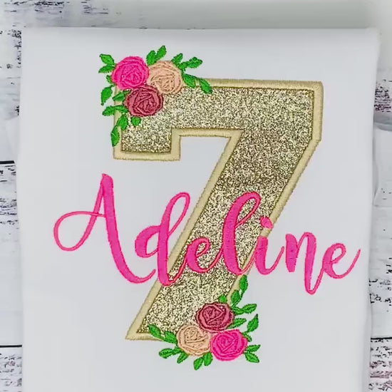 Golden 7th birthday shirt, Gold glitter, Floral birthday shirt, Flower, Roses, Hot pink name , Personalized applique shirt
