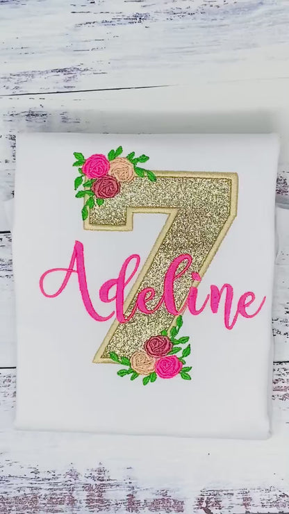 Golden 7th birthday shirt, Gold glitter, Floral birthday shirt, Flower, Roses, Hot pink name , Personalized applique shirt