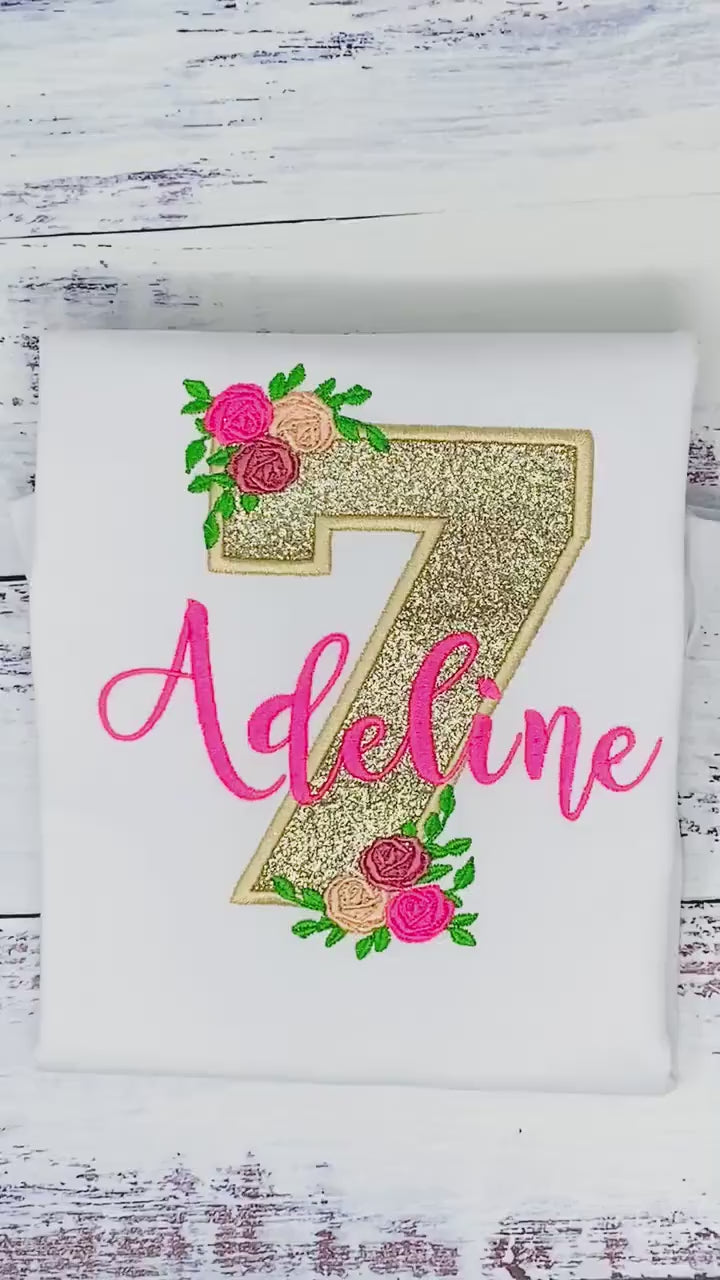 Golden 7th birthday shirt, Gold glitter, Floral birthday shirt, Flower, Roses, Hot pink name , Personalized applique shirt