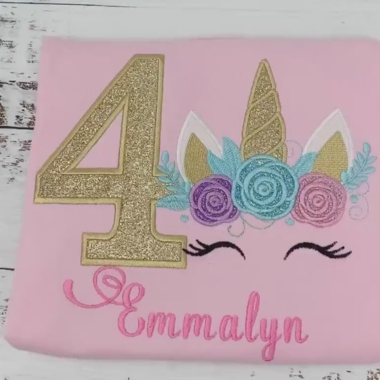 Girl 4th birthday shirt with unicorn, Birthday unicorn outfit, Embroidered birthday unicorn shirt