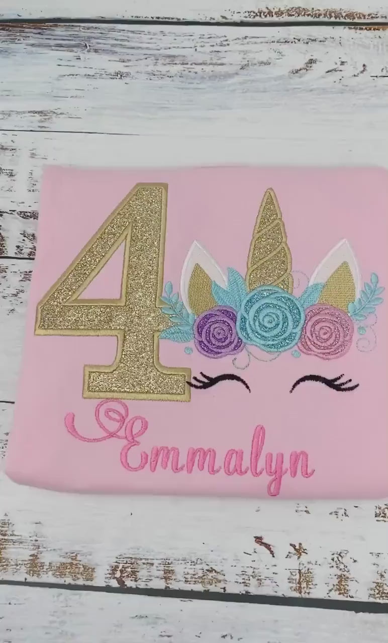 Girl 4th birthday shirt with unicorn, Birthday unicorn outfit, Embroidered birthday unicorn shirt
