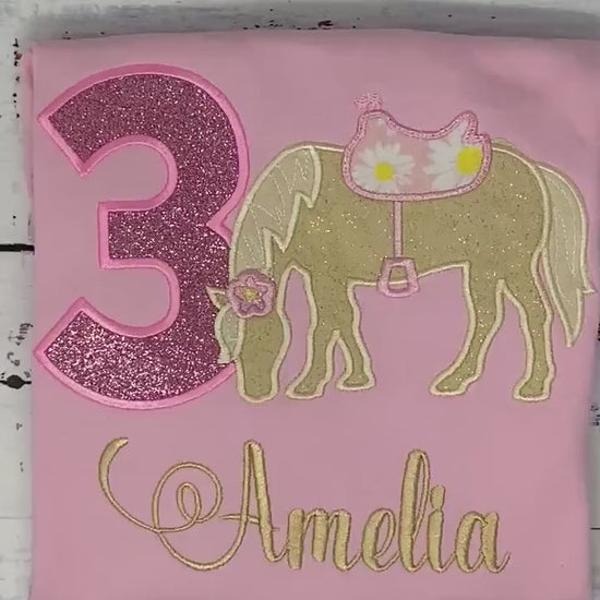 Girl 6th Birthday Shirt With Palomino Horse, Birthday Shirt with Pony and Saddle, 4th, 6th 7th Horse Embroidery Birthday Shirt