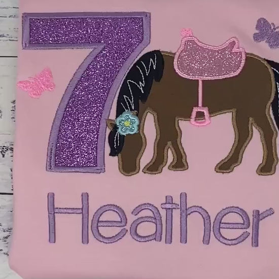 Girl 7th Birthday Shirt With Brown Bay Horse, Birthday Shirt with Ponny and Saddle, Horse Embroidery Birthday Shirt