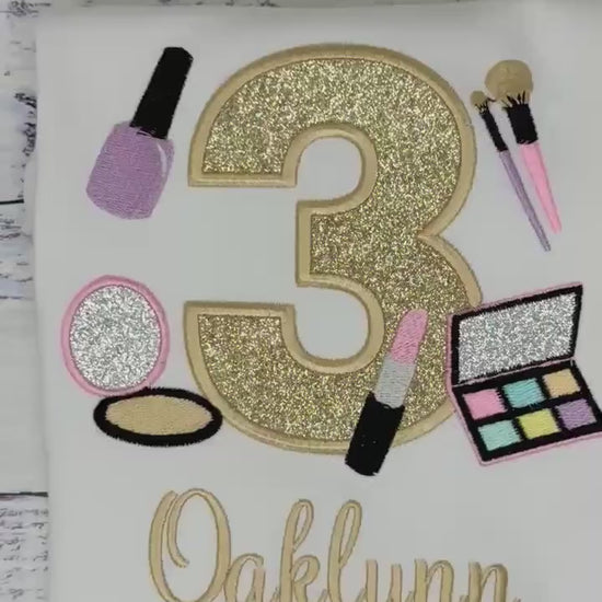 Girl 3rd Birthday Shirt with Make up, Salon, Spa Birthday Tee Number cosmetics, Lipstick Powder Brush, Make up Birthday Party, Nail Polis