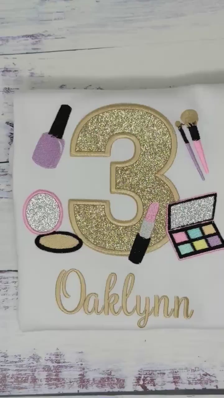 Girl 3rd Birthday Shirt with Make up, Salon, Spa Birthday Tee Number cosmetics, Lipstick Powder Brush, Make up Birthday Party, Nail Polis