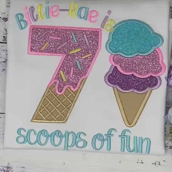 Girl Ice Cream 7 “Scoop of fun” birthday shirt, Sweet Ice Cream with cherry on top cone Theme Party, Pastel sweet birthday tee