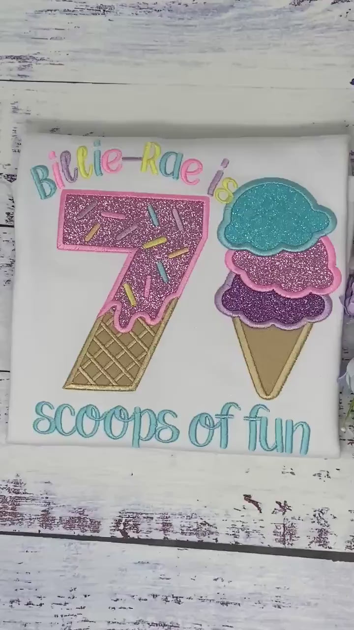 Girl Ice Cream 7 “Scoop of fun” birthday shirt, Sweet Ice Cream with cherry on top cone Theme Party, Pastel sweet birthday tee