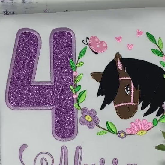 Girl 4th Birthday Shirt With Bay Brown Horse, Birthday Tee with Ponny, 4th, 6th 7th Horse Embroidery T-Shirt, Any Age, Long Mane Hoese.