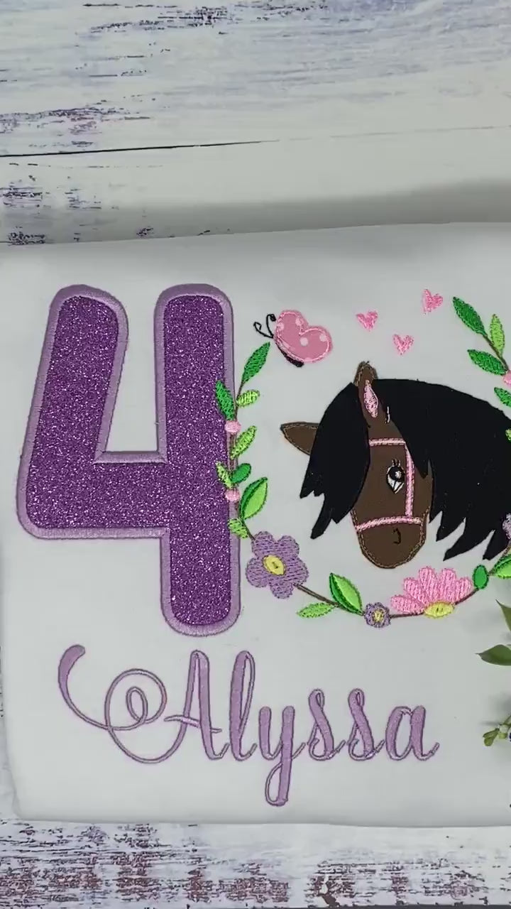 Girl 4th Birthday Shirt With Bay Brown Horse, Birthday Tee with Ponny, 4th, 6th 7th Horse Embroidery T-Shirt, Any Age, Long Mane Hoese.