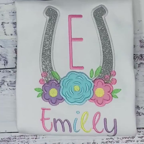 Girl Shirt With horseshoe, Horse lover gift, Monogram Tee with Lucky horse shoe,Shirt with flowers, Horse Embroidery Birthday gift