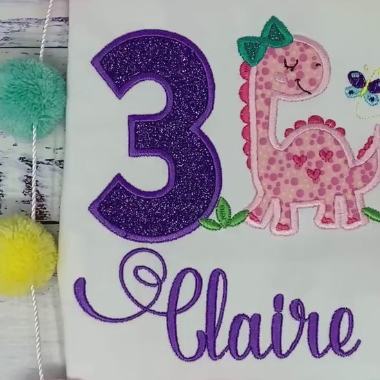 Girls Dinosaur Birthday Shirt, Applique and Embroidery Dino Shirt, Monogrammed T-shirt, Child's Birthday Shirt, Dinosaur Party Shirt