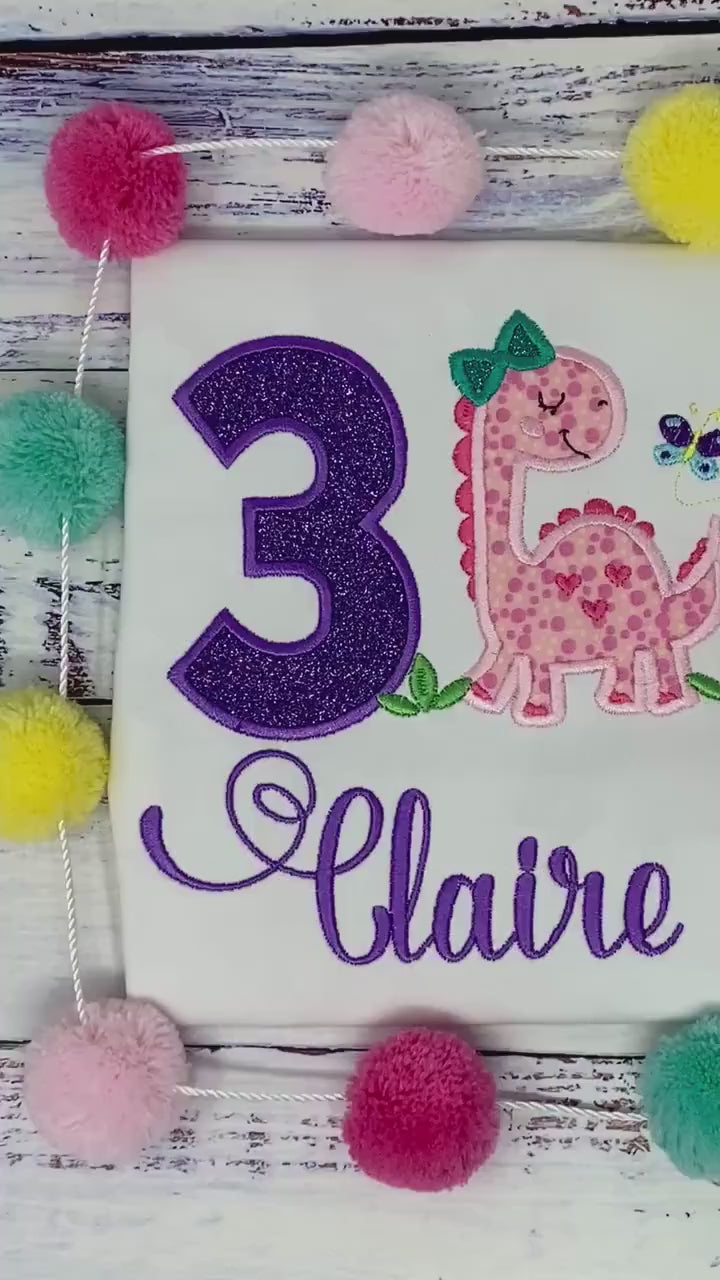 Girls Dinosaur Birthday Shirt, Applique and Embroidery Dino Shirt, Monogrammed T-shirt, Child's Birthday Shirt, Dinosaur Party Shirt