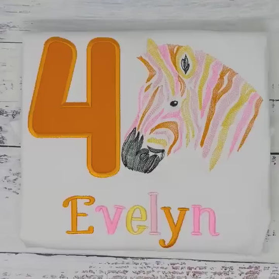 Girl 4th birthday pink, orange zebra shirt, Embroidered Safari  t-shirt, Colorful rainbow zebra, Any age birthday tee