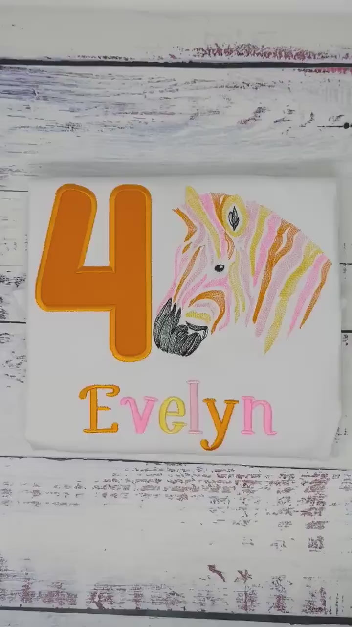 Girl 4th birthday pink, orange zebra shirt, Embroidered Safari  t-shirt, Colorful rainbow zebra, Any age birthday tee