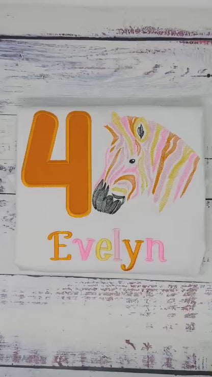 Girl 4th birthday pink, orange zebra shirt, Embroidered Safari  t-shirt, Colorful rainbow zebra, Any age birthday tee
