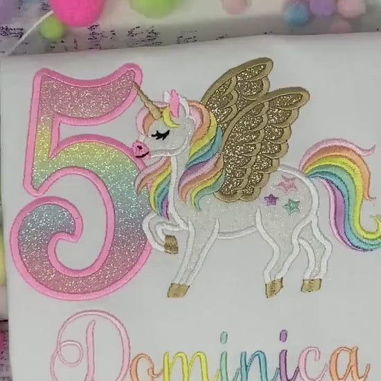 Girl 5th  Birthday Pastel Unicorn with Wings, Girl Rainbow Unicorn Birthday, Rainbow Gold wings Uni tee,  Unicorn embroidery, Any age