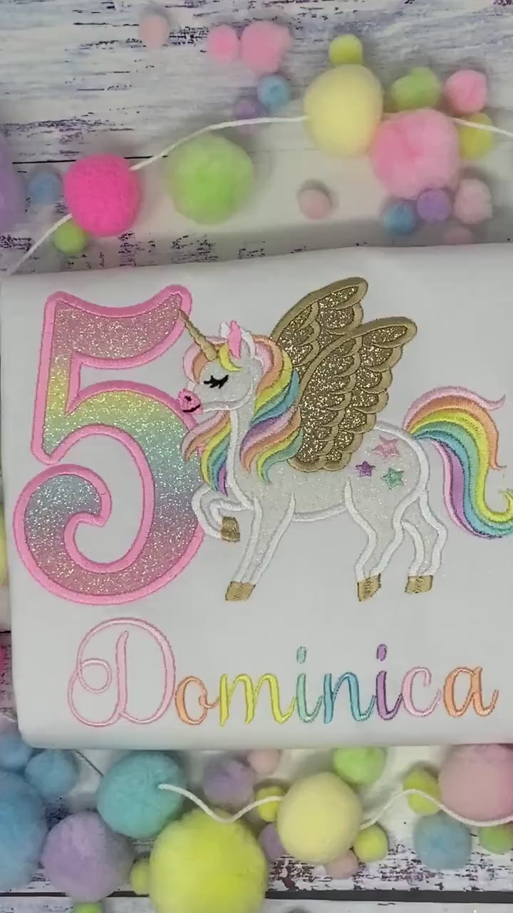 Girl 5th  Birthday Pastel Unicorn with Wings, Girl Rainbow Unicorn Birthday, Rainbow Gold wings Uni tee,  Unicorn embroidery, Any age