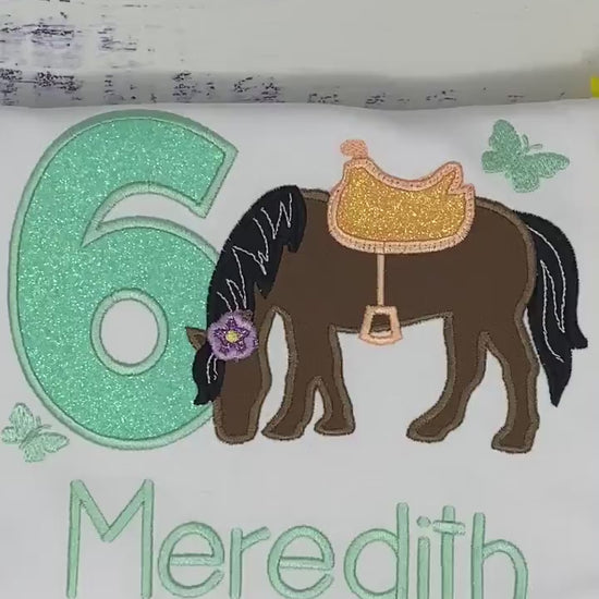 Girl 6th Birthday Shirt With Brown Bay Horse, Mint number, Birthday Shirt with Ponny and Saddle, Horse Embroidery Birthday Shirt