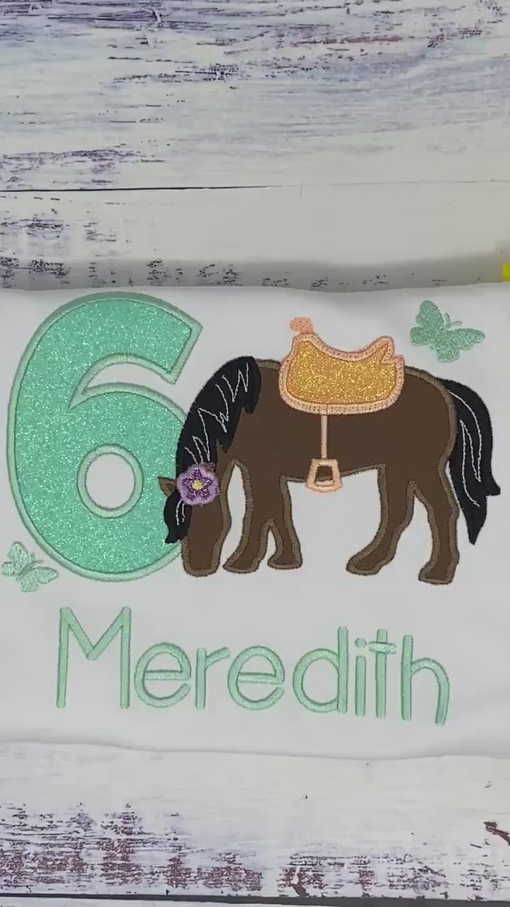 Girl 6th Birthday Shirt With Brown Bay Horse, Mint number, Birthday Shirt with Ponny and Saddle, Horse Embroidery Birthday Shirt