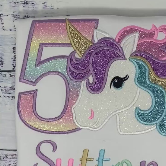 5th Birthday Purple Gold Unicorn Shirt, Girl Rainbow Pastel Unicorn Birthday Outfit, Rainbow Unicorn outfit, Unicorn embroidery, Any age