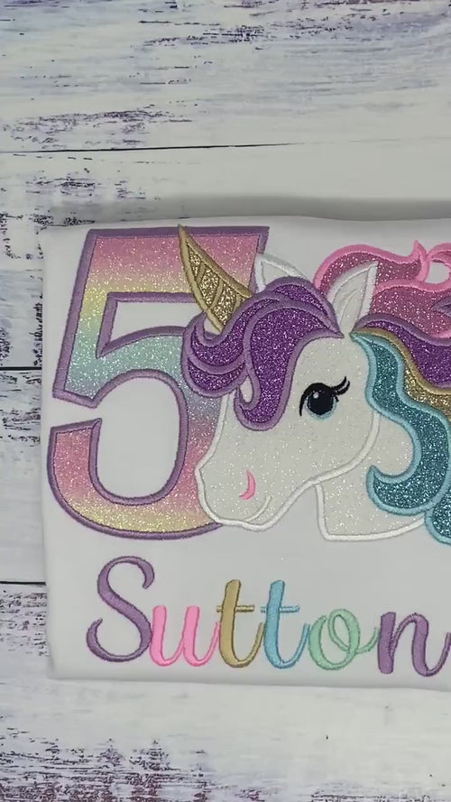 5th Birthday Purple Gold Unicorn Shirt, Girl Rainbow Pastel Unicorn Birthday Outfit, Rainbow Unicorn outfit, Unicorn embroidery, Any age