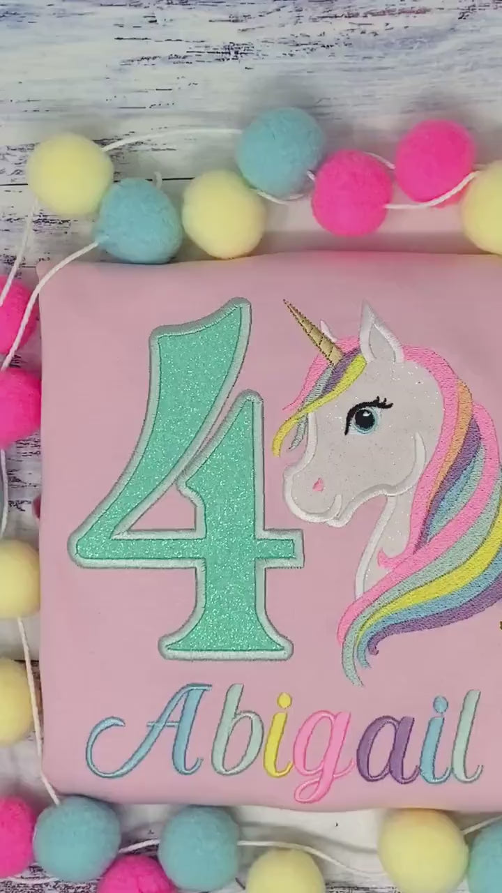 4th Birthday Pastel Unicorn Shirt, Girl Rainbow Pastel Unicorn Birthday Outfit, Rainbow Unicorn outfit, Unicorn embroidery, Any age