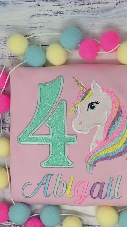 4th Birthday Pastel Unicorn Shirt, Girl Rainbow Pastel Unicorn Birthday Outfit, Rainbow Unicorn outfit, Unicorn embroidery, Any age