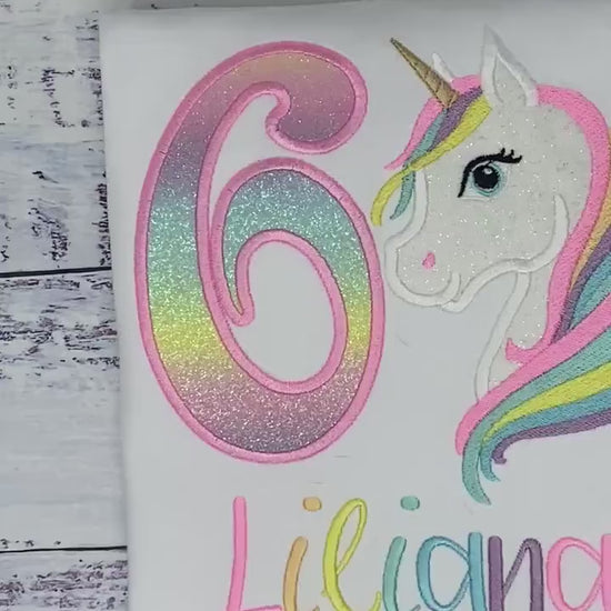 6th Birthday Pastel Unicorn and number Shirt, Girl Rainbow Pastel Unicorn Birthday, Rainbow Unicorn outfit, Unicorn embroidery, Any age