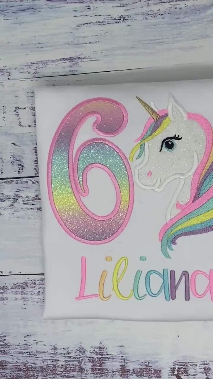6th Birthday Pastel Unicorn and number Shirt, Girl Rainbow Pastel Unicorn Birthday, Rainbow Unicorn outfit, Unicorn embroidery, Any age