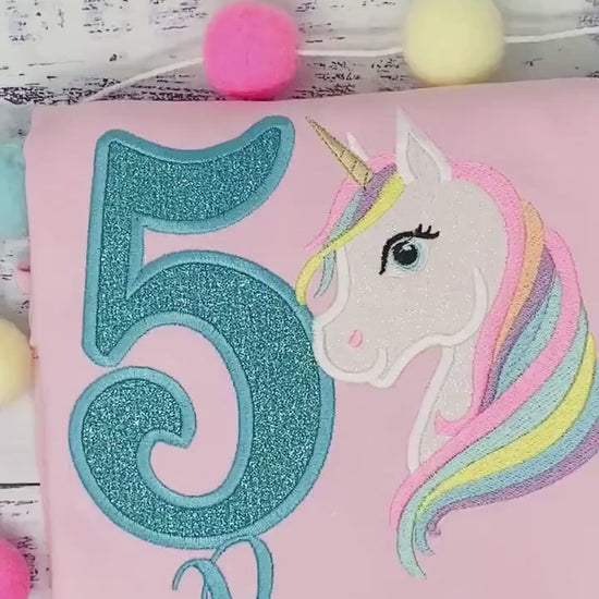 5th Birthday Pastel Unicorn Shirt, Girl Rainbow Pastel Unicorn Birthday, Rainbow Unicorn outfit, Unicorn embroidery, Any age, Turquoise